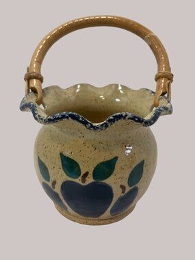 Three Rivers Pottery Basket Wooden Handle Handpainted Blue Apples 1993